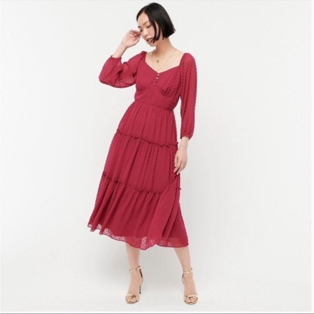 J. Crew Burgundy Tiered Swiss Dot Midi Dress Size 4T tall
